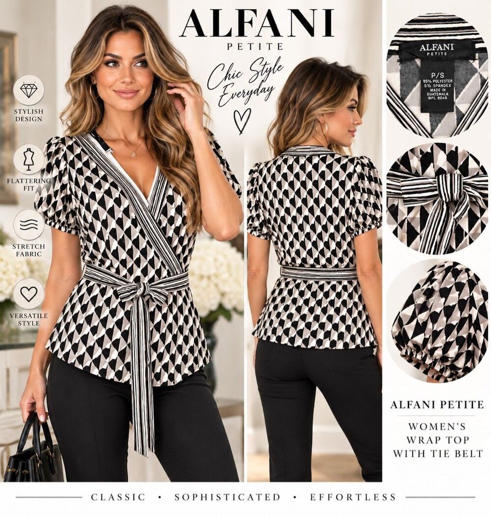 ALFANI Women’s Sz PS Black White Asymmetrical Stretch Top w/ Tie Belt - Stretchy